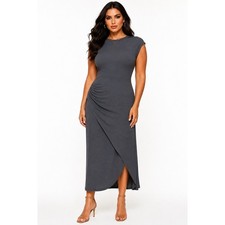 The Commons Gray Mock Neck Ruched Faux Wrap Midi Dress Large NWOT