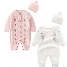Newborn Infant Baby Knit Sweater Romper Warm Longsleeve Jumpsuit w/ Warm Hat Set