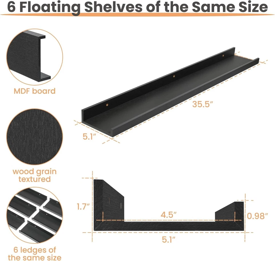 6+Pack+Floating+Wall+Shelves,+Display+Shelves+for+Home+Decoration+Splattertide - Image 3 of 4