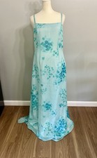 Adrianna Papell Vintage 100 Silk Floral Maxi Watercolor Blue Gown Dress Size 10