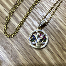 Gold Tone Tree of Life Round Pendant Charm Necklace Multicolour Crystal
