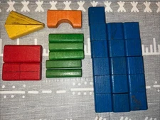 Vintage 1980 Lot Colorful Colored Wood Building Blocks Assorted Sizes & Shapes
