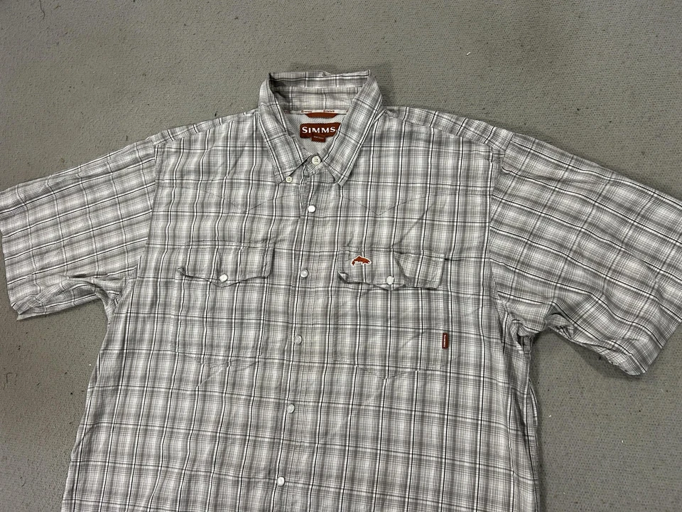 Simms Shirt Mens XL Plaid Vented Fishing Short Sleeve Snap Button 100% Cotton - Image 2 of 4