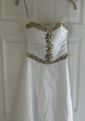 A Wow White/Gold Beaded Spaghetti Strap Satin A-Line Full-Length Dress 4