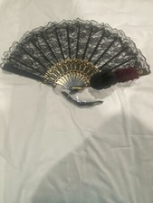 Folding Black Hand Fan Spanish Vintge Style w/Red Black Rose open size 16.5x9"