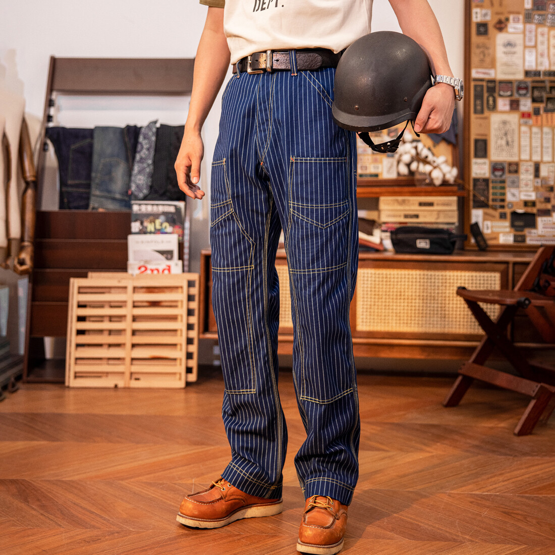 Red Tornado Retro Indigo Wabash Trousers Railroad Stripe Miner