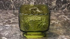 Vintage Anchor Hocking Square Avocado Green Glass Dish Leaves Grapes Ruffles