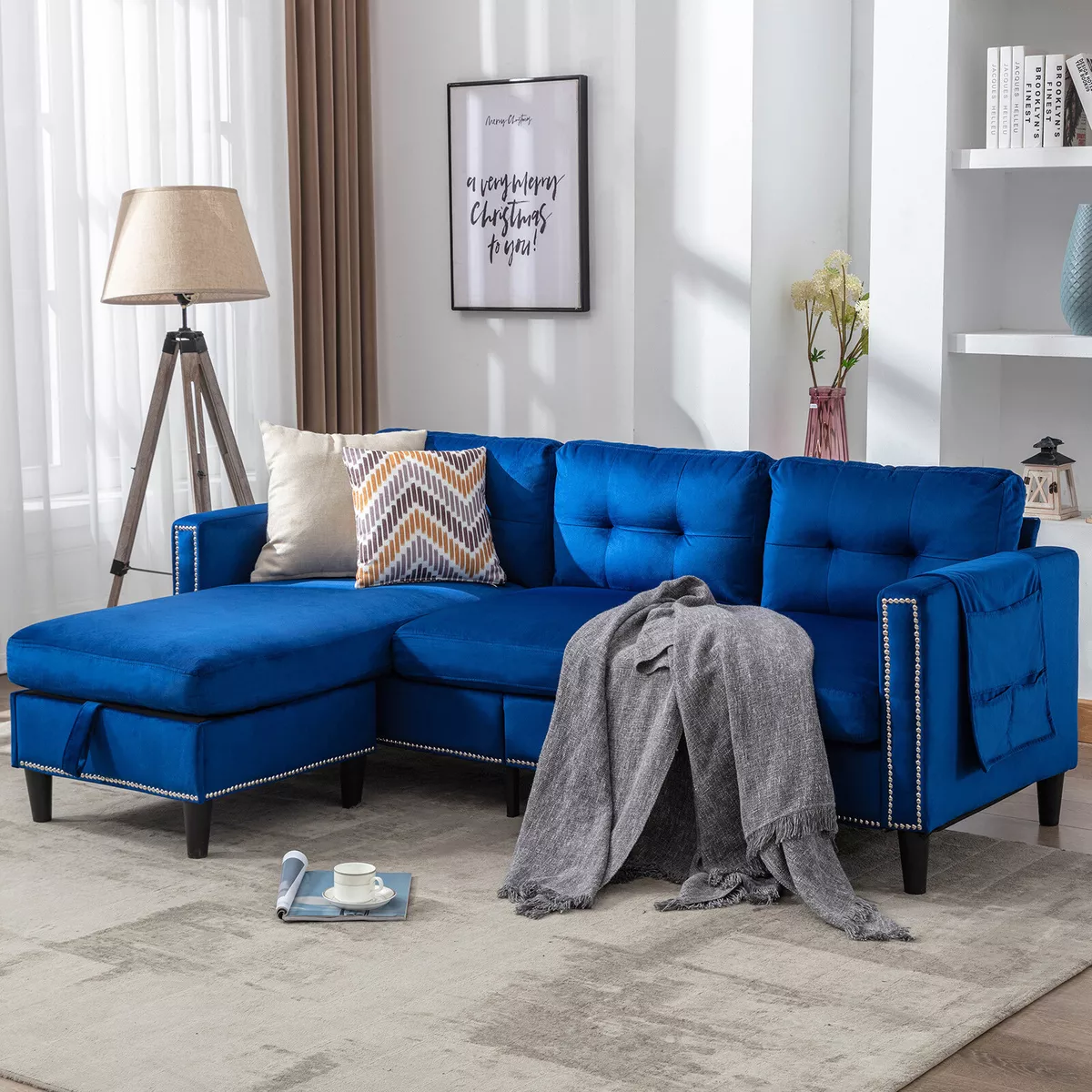Blue Velvet L Shaped Convertible Sectional Sofa Couch Ottoman
