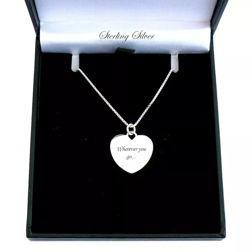 Sterling Silver Heart Necklace Personalised with ANY Engraving. Women or Girls