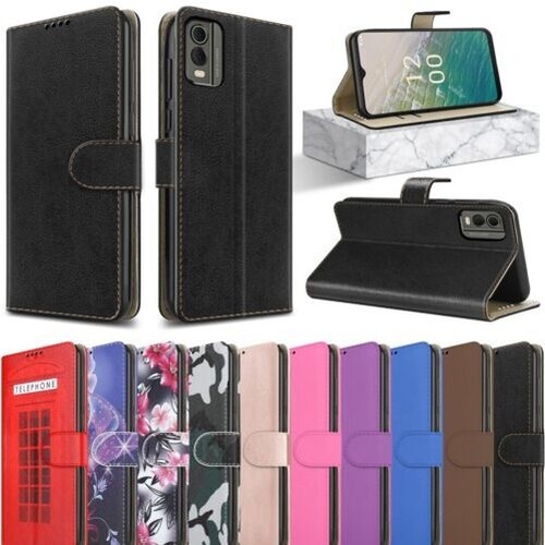 For Nokia C32 Case Slim Leather Wallet Stand Phone Cover + Screen Tempered Glass - Picture 4 of 21