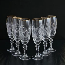 6¾ oz Hand Made Vintage Crystal Champagne Glasses Gold Rim, Set of 6, NEMAN
