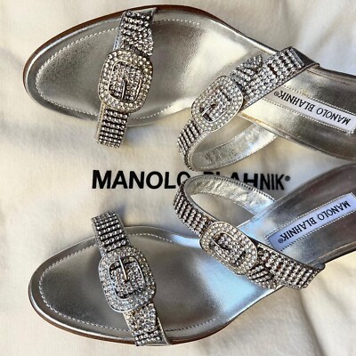 MANOLO BLAHNIK LISTONYシルバー NIB Vintage 2005 Manolo Blahnik Rhinestone Double Buckle Mule