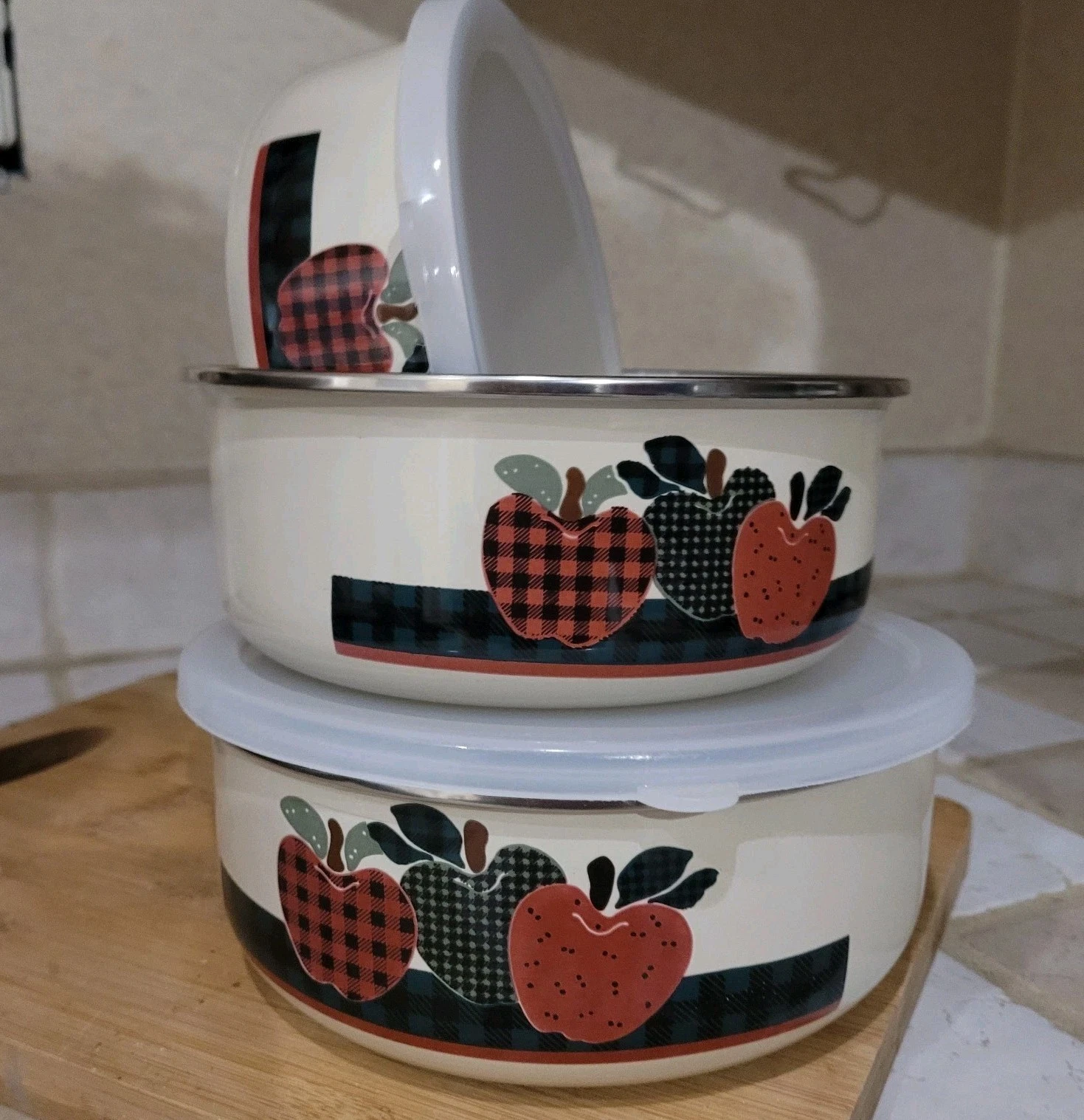Vtg Countryside Apples Metal Mixing Nesting Bowl Set 3 Farmhouse Cream w 2 Lids