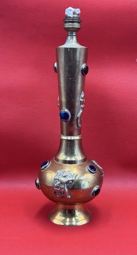 Vintage Oriental Brass Table Lamp Inset With Various Stone Cabochons - Picture 2 of 17
