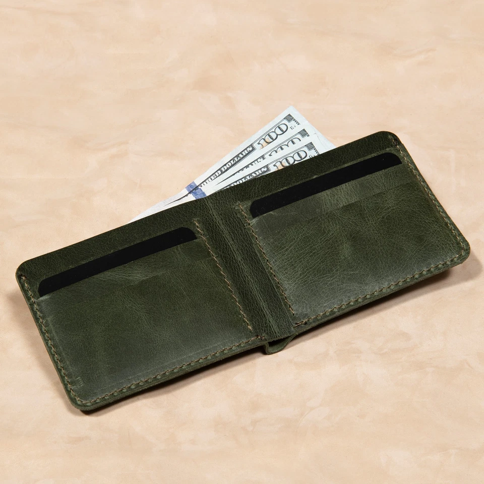 手工制作全粒面皮革双折 – 修身男式钱包带卡片和现金槽 — 第 4/4 张图片