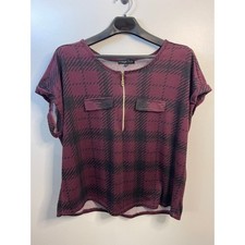 Blusa Top Vintage Rosa Para Mujer 3X Borgoña Negra Cuadros Cremallera Cuarto Manga Corta