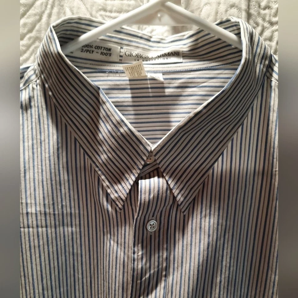 Giorgio Armani Shirt Mens Blue Gray Stripe Button Down Formal Cocktail Business - Image 3 of 4