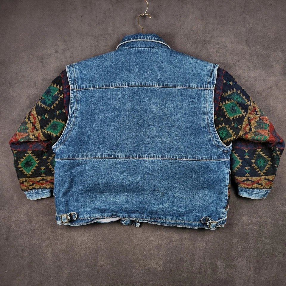 Chaqueta Bomber Denim Azteca De Colección Para Hombres 2X Manta Suroeste Forrada Años 90 Oeste Foto 3 de 4