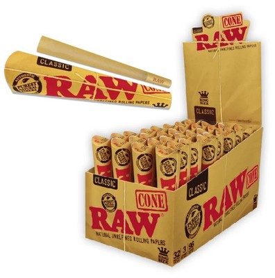 Raw Classic Cones King Size Box of 32 Pack /3 Cones Per Pack (Free Shipping)