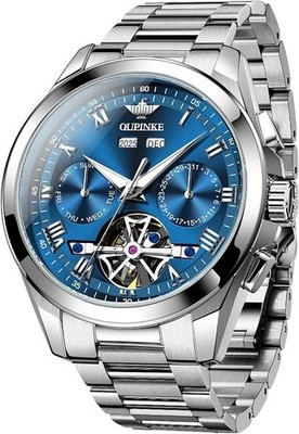 OUPINKE Watch for Men Automatic Wristwatch - Silver / Blue - *NEW with BOX*
