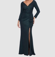 Xscape Women's Green Metallic Surplice Gathered Waist Dress Petite Size 16P