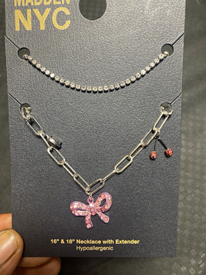 Madden NYC Jewelry Set Silver Pink Bow Crystal Necklace Set Hypoallergenic