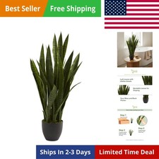 35in Artificial Snake Plant, Sansevieria Faux Greenery with Black Planter for...