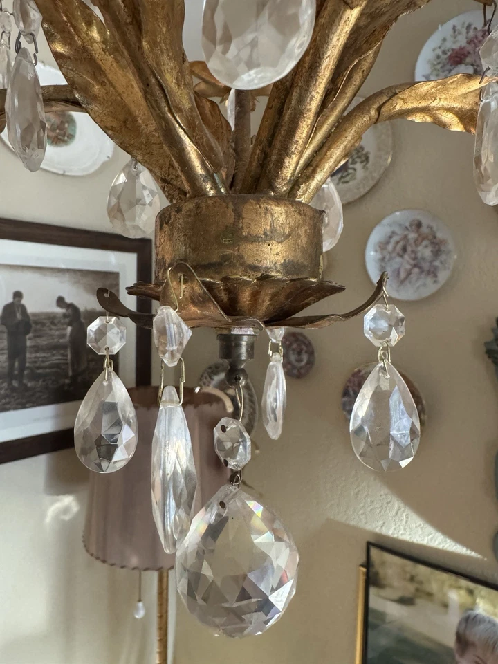 Vintage 60s Italian Florentine Gold Gilt Crystal Chandelier - 5 Candlelight Arm - Image 4 of 4