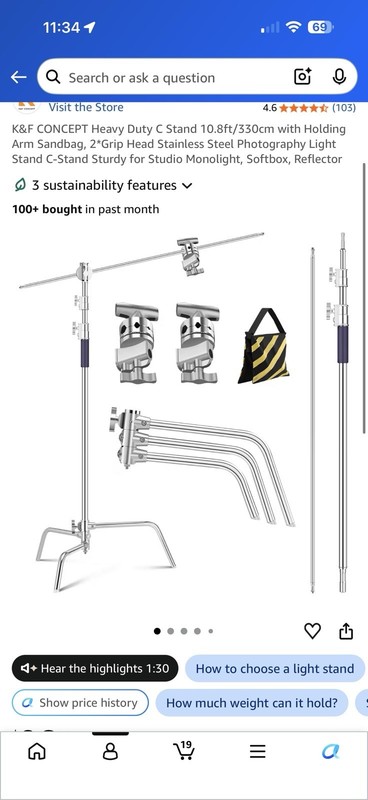K&F CONCEPT C-Stand 10.8ft/330cm w/ Holding Arm, Grip Head, Sandbag, Bag