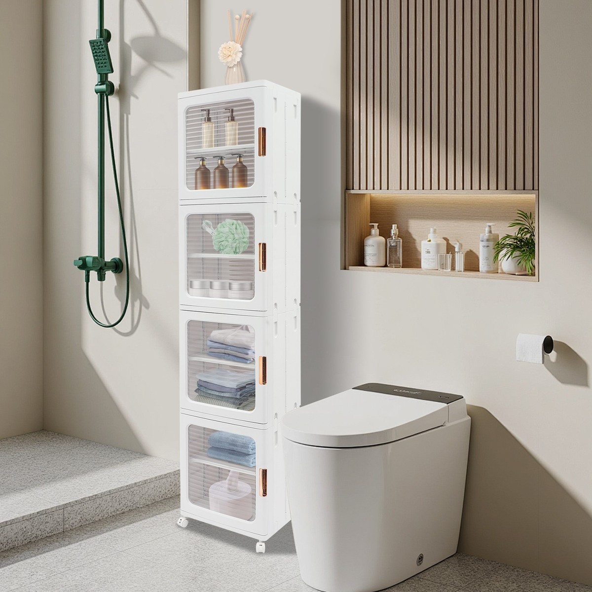 14.56* 11.41* 65.35in PET& PP White& Clear 4-Tier Storage Cabinet