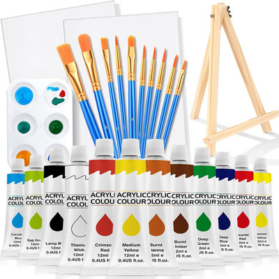 26 Pc Acrylic Paint Set with 12 Colors 10 Brushes 2 Canvas and Wood Easel
