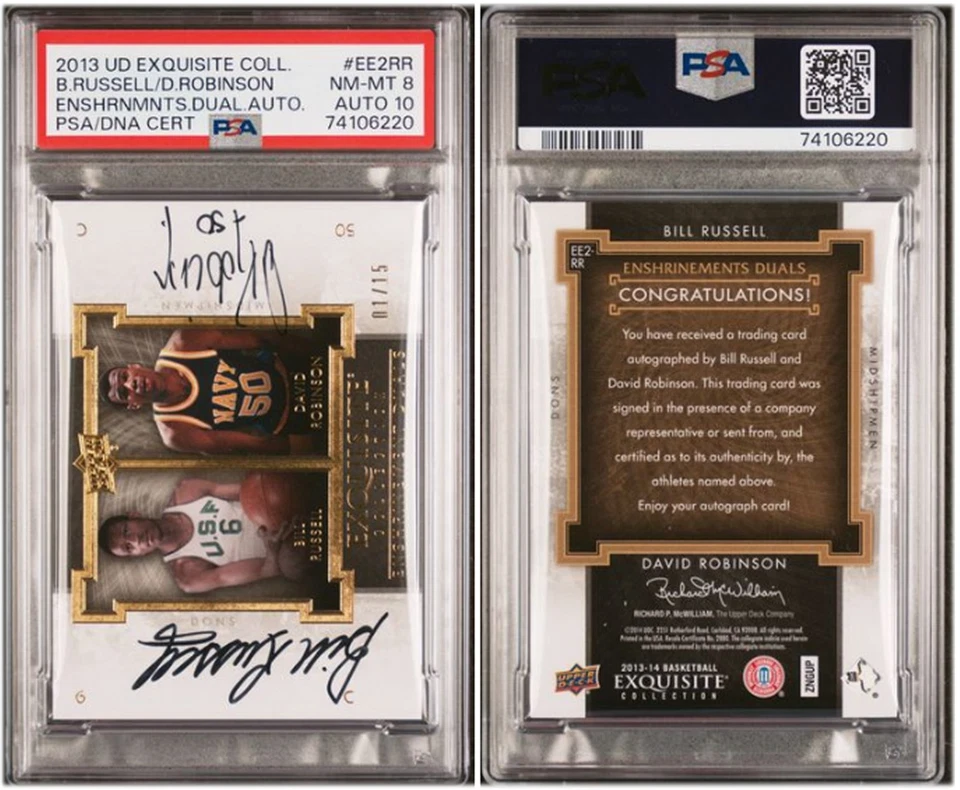 Bill Russell David Robinson 2013 Exquisite Enshrinements Dual Auto /15 PSA 8/10