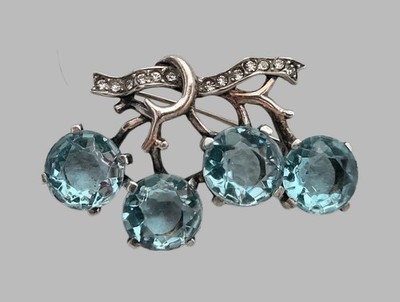 Vintage Crown Trifari Sterling Silver 925 Cherry Brooch Pin Aqua Blue Glass 1940