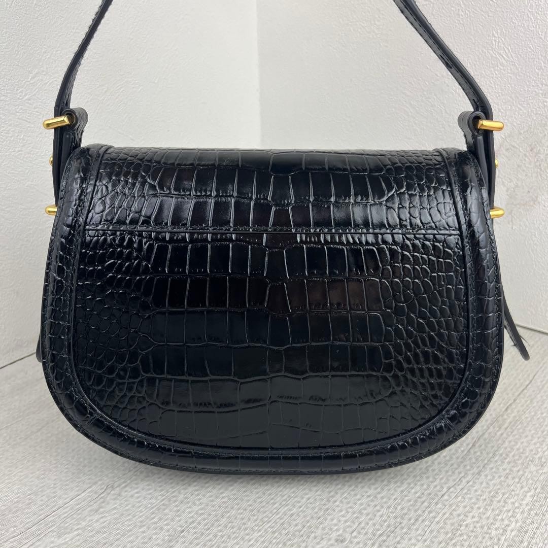 Polo Ralph Lauren ID Shoulder Bag Saddle Bag embossed Black Leather Women's Auth image 3