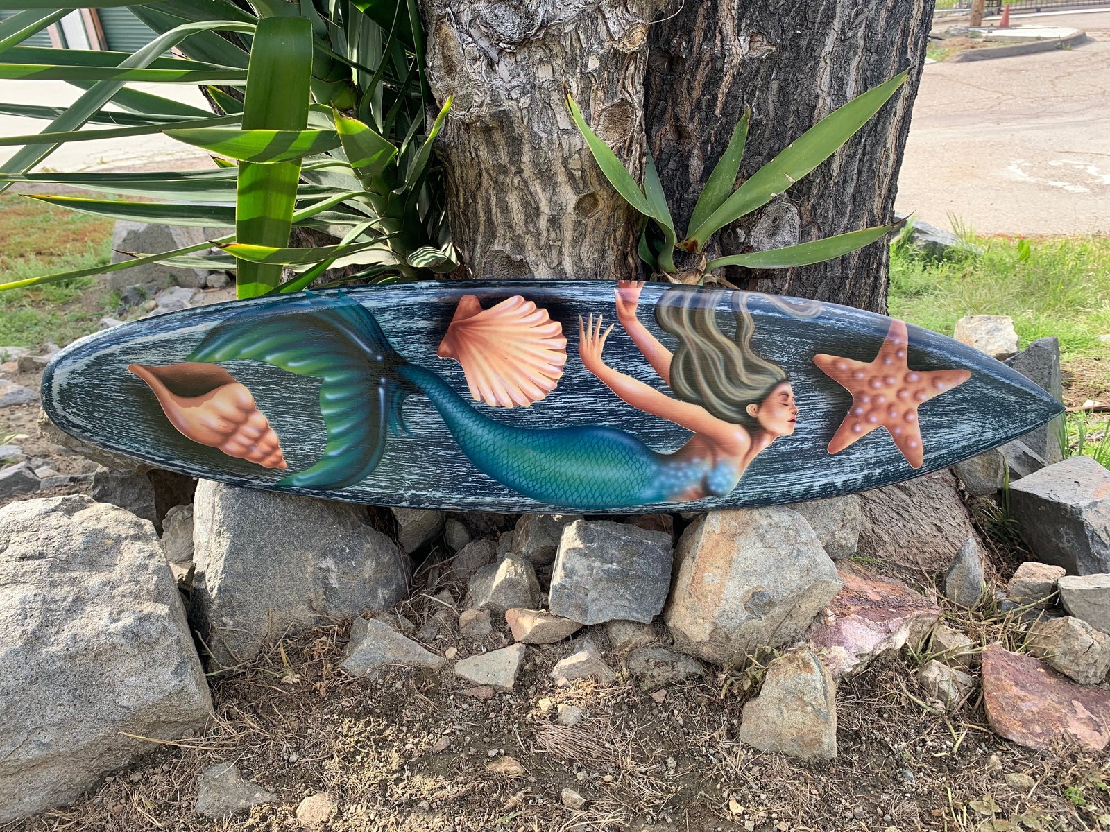 Mermaid and Sea Shell Airbrushed Decorative Surfboard Wall Plaque Mango Wood
