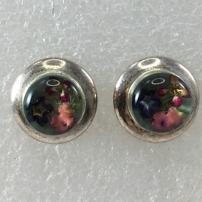 925 Sterling Stirling Silver Resin Real Flowers Round Dome Stud Pierced Earrings