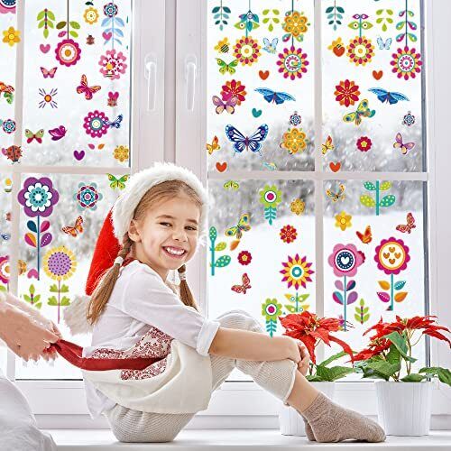 Spring Garden Flower Window Clings,Plant Bee Butterfly Summer Floral Stickers - Bild 2 von 5