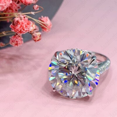 8.34 TCW Round Cut Moissanite Big Stone Engagement Ring 14K White Gold Plated