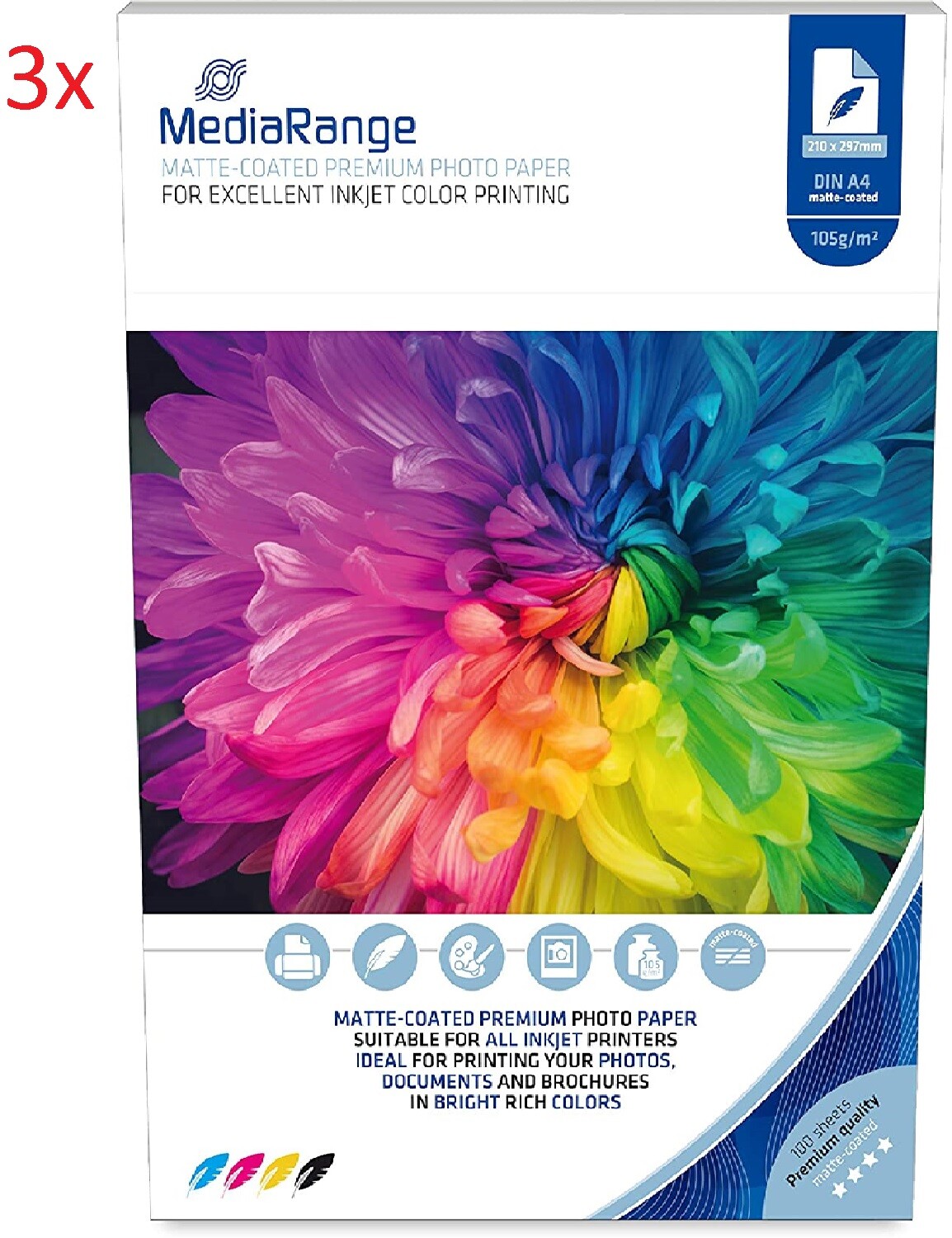Papier photo mat A4 105g MediaRange compatible imprimante jet d'encre epson hp 300 feuilles