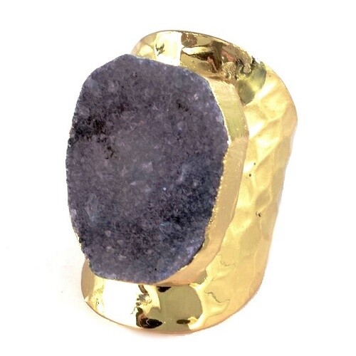 Large Purple Druzy Ring Statement Stone Agate Geode Gold Band Boho Chic Bohemian