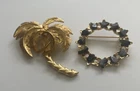 2 Vintage Brooches Palm Tree Tropical Black&grey Stone Gold Tone Costume Jewelry