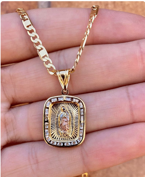 Collar Hombre Virgen de Guadalupe 24" Oro 14K Relleno Cadena Oro Laminado Hombre