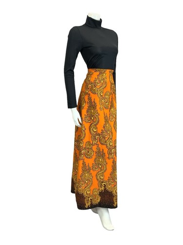 VTG 60S 70S ORANGE GOLD BLACK PSYCHEDELIC SWIRLING MAXI SKIRT 12 - Picture 3 of 9