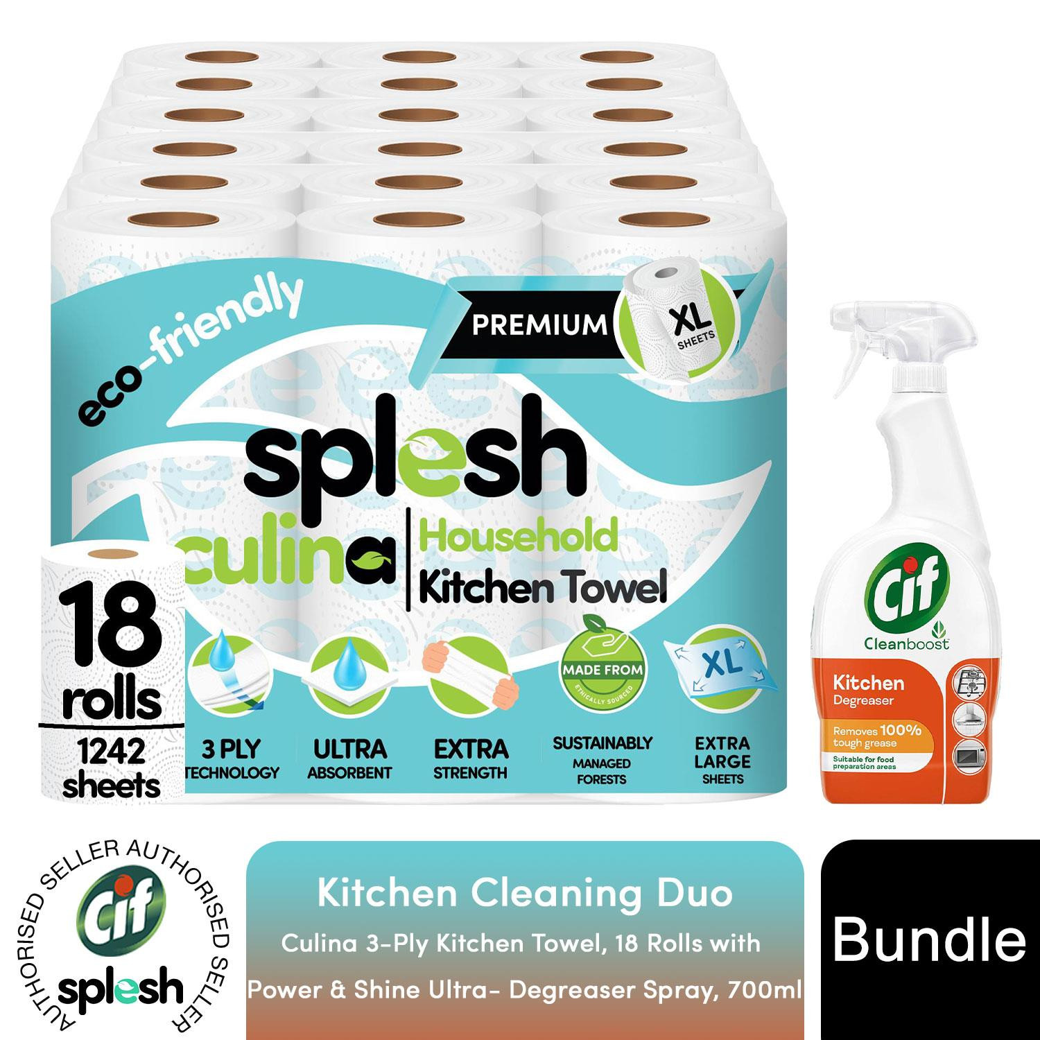 Splesh Culina Kitchen Towel 18 Rolls with Cif Kitchen Degreaser Spray, 700ml