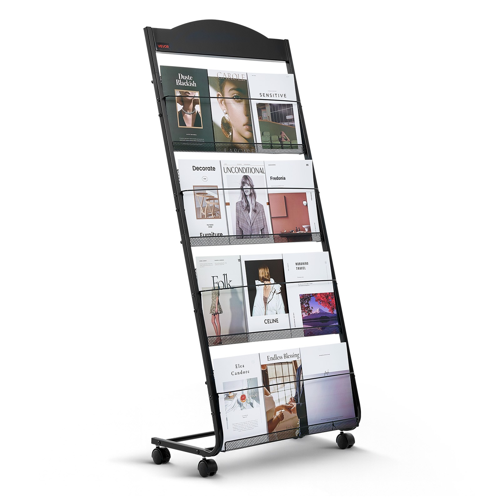 Présentoir à brochures de sol porte-revues métallique sur roulettes pour bureau