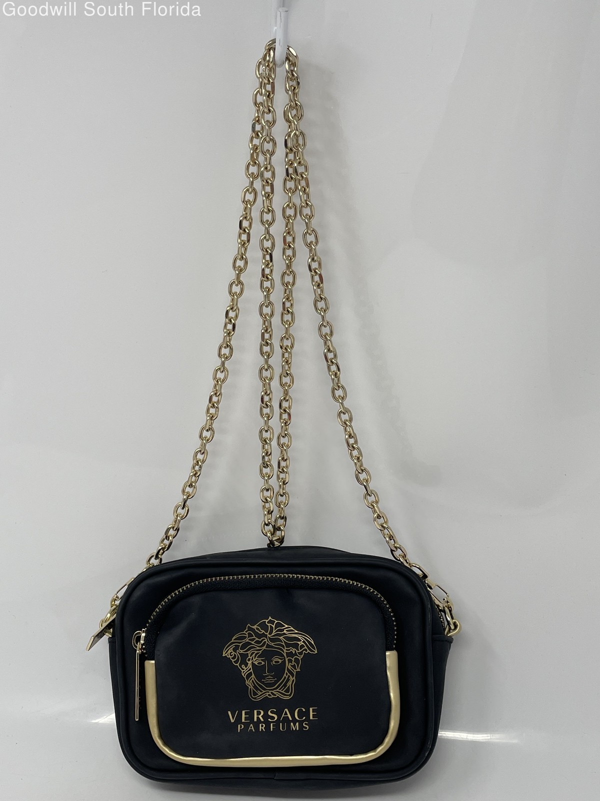 Versace Parfums Womens Black Gold-Tone Faux Leather Chain Strap Crossbody Purse