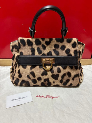 SALVATORE FERRAGAMO Sofia Gancini Ponyhair Leopard Handbag Gold HW GC Authentic