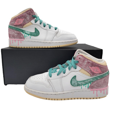 Air Jordan 1 Mid SE GS Shoes Youth Sz 5Y White Pink Green Drip DD1666-100 (304)