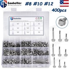 400pcs Hex Washer Head Self Drilling Sheet Metal Tek Screws Kit Stainless Steel