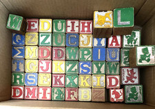 Vtg Lot Of 55 Wooden Building Blocks Numbers Letters Alphabet 1.25  /1.75"